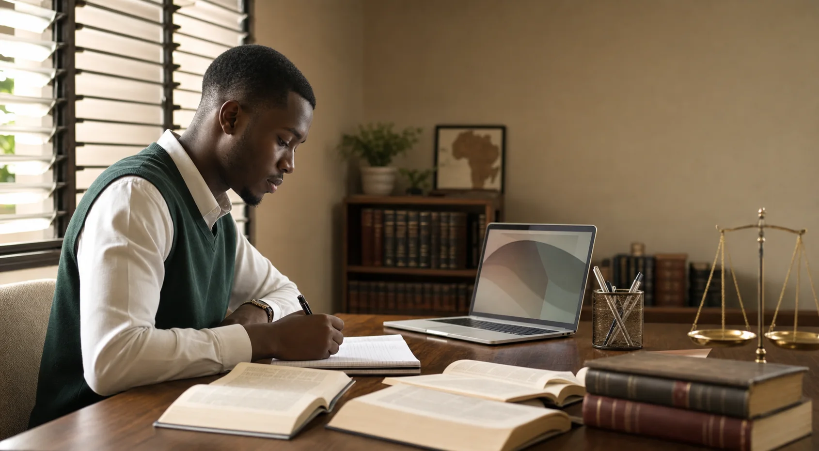 Ghanaian law student studying with legal books and notes